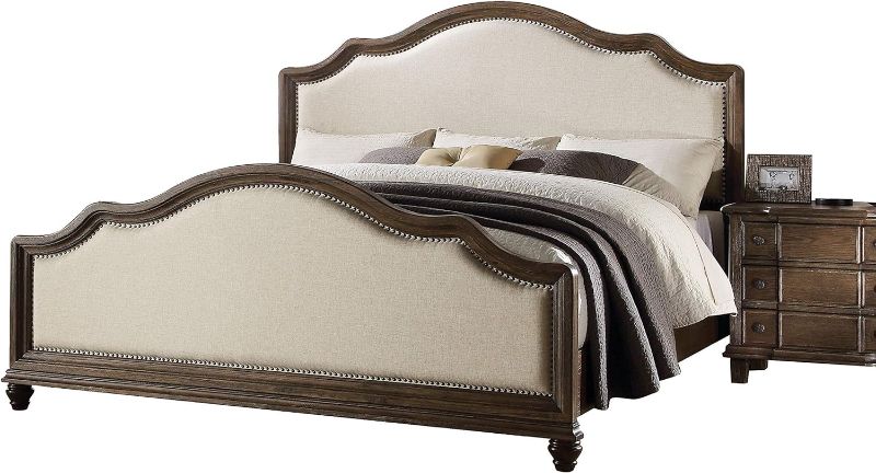 Photo 1 of Acme Baudouin Upholstered Queen Panel Bed in Beige and Weathered Oak Fabric