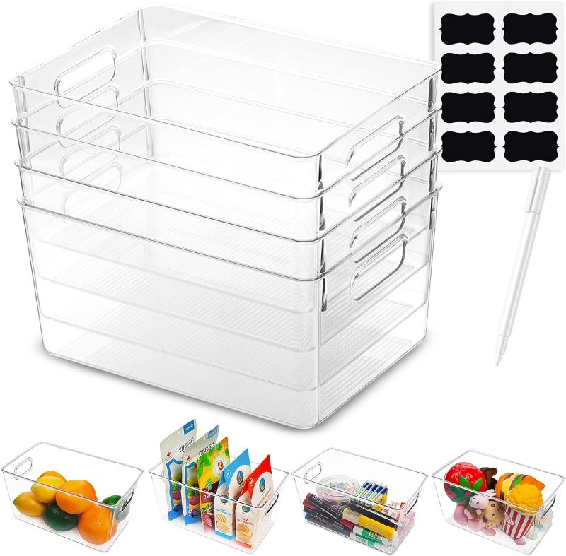 Photo 1 of Clear Bins for Organizing - Clear Plastic Storage Bins - Snack Organizer for Pantry - Fridge Storage Containers - Cabinet Organization - Clear Kitchen Storage Containers - 5Pack with Labels & Pen