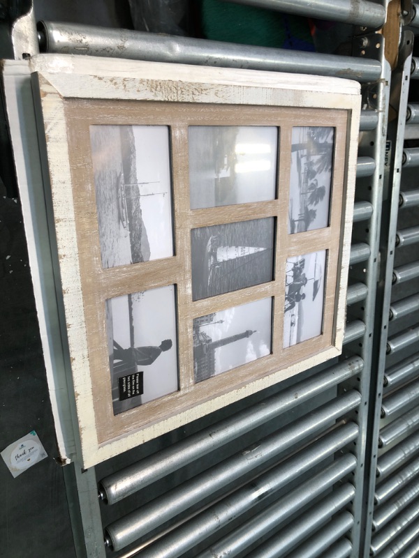Photo 1 of Adeco Decorative Handmade Solid Wood Collage Picture Frame to Display 7 Openings 4 x 6 inch Photos for Vertical and Horizontal Wall Hanging, Vintage Craftsmanship Wall Decor, Rustic Brown and White white and brown 7-opengnings