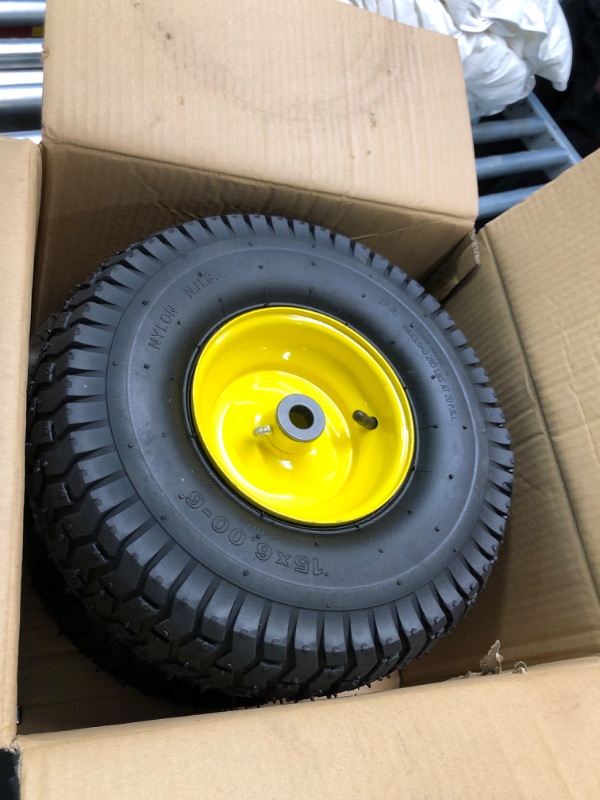 Photo 2 of (2 Pack) AR-PRO Exact Replacement 15" x 6.00 - 6" Front Tire and Wheel Assemblies for John Deere Riding Mowers - Compatible with John Deere 100 and D100 Series - 3” Hub Offset and 3/4” Bushings 15" x 6.00-6" Yellow