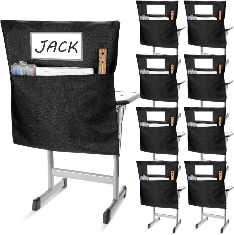 Photo 1 of Abbylike 24 Pcs Student Chair Pockets 19.69 x 17.32 Inch Chair Storage Pocket Chair Organizer with Name Tag Seat Pockets for Classroom Chairs School Chair Bag for Kids Keeping Table Organized (Black)