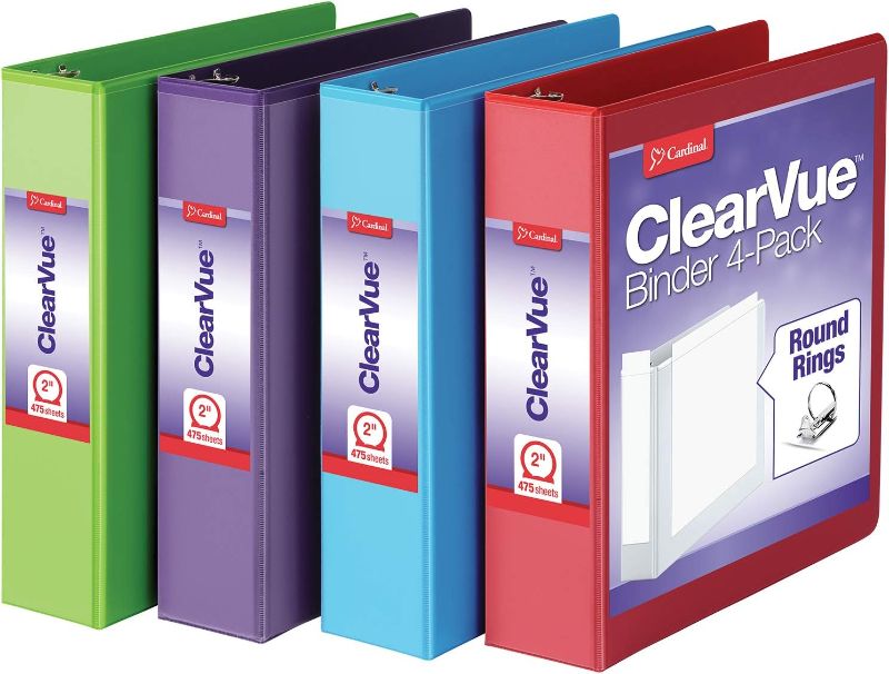 Photo 1 of 3 Ring Binders, 2 Inch Binder with Round Rings, Holds 475-Sheets, ClearVue Covers, Non-Stick, PVC-Free, Assorted Colors, 4 Pack