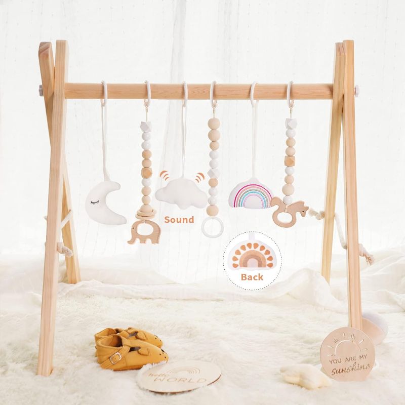 Photo 1 of Baby Play Gym, Wooden Play Gym with 6 Toys, Foldable Baby Gym Frame