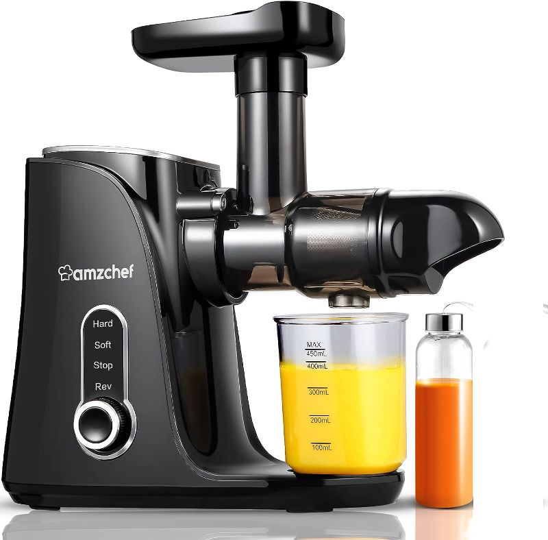 Photo 1 of Juicer Machines, AMZCHEF Slow Masticating Juicer Extractor, Cold Press Juicer with Two Speed Modes, Travel bottle(500ML),LED display, Easy to Clean Brush & Quiet Motor for Vegetables & Fruits (Black)