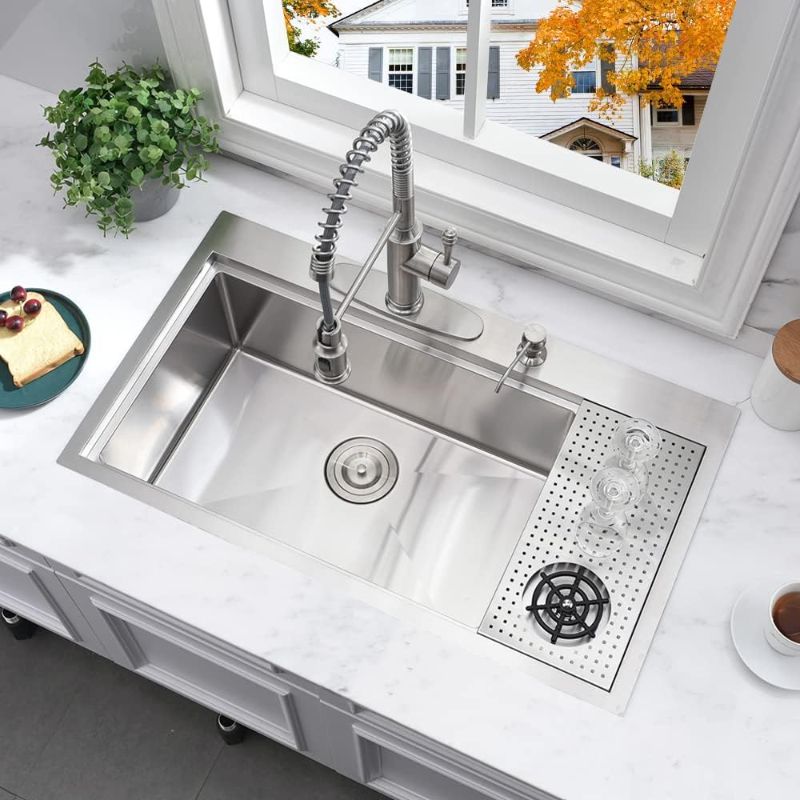 Photo 1 of 
33 Inch Drop In Kitchen Sink with Glass Rinser Workstation Sink-Bokaiya 33x19 Topmount Kitchen Sink Drop In 16 Gauge Stainless Steel Single Bowl Kitchen Sink with Cup Washer https://a.co/d/3gDf2hU