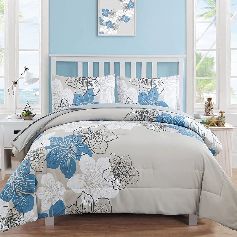 Photo 1 of  Floral Comforter Set Queen Size, Blue Floral Comforter and Sheet Set, 7 Pieces Bed in a Bag Soft Microfiber Complete Bedding Sets for All Seasons 90"×90"
