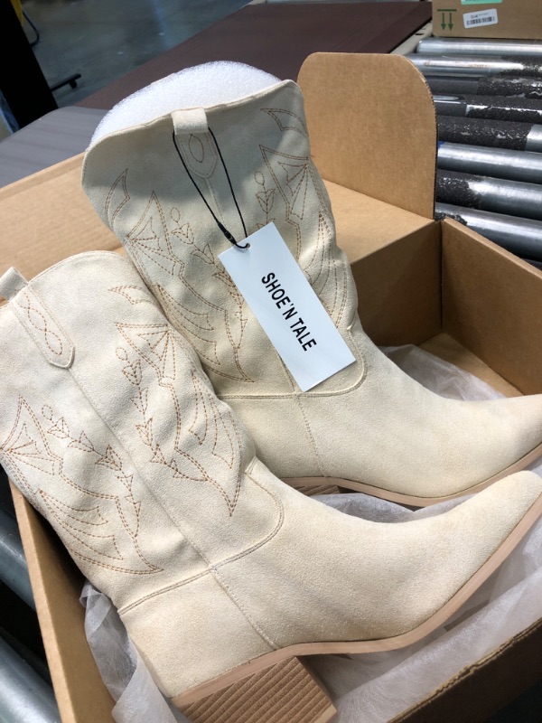 Photo 3 of Shoe'N Tale Cowboy Boots for Women Western Cowgirl Boots Embroidered Pointed Toe Mid Calf Boots with Chunky Block Heel 8.5 Beige