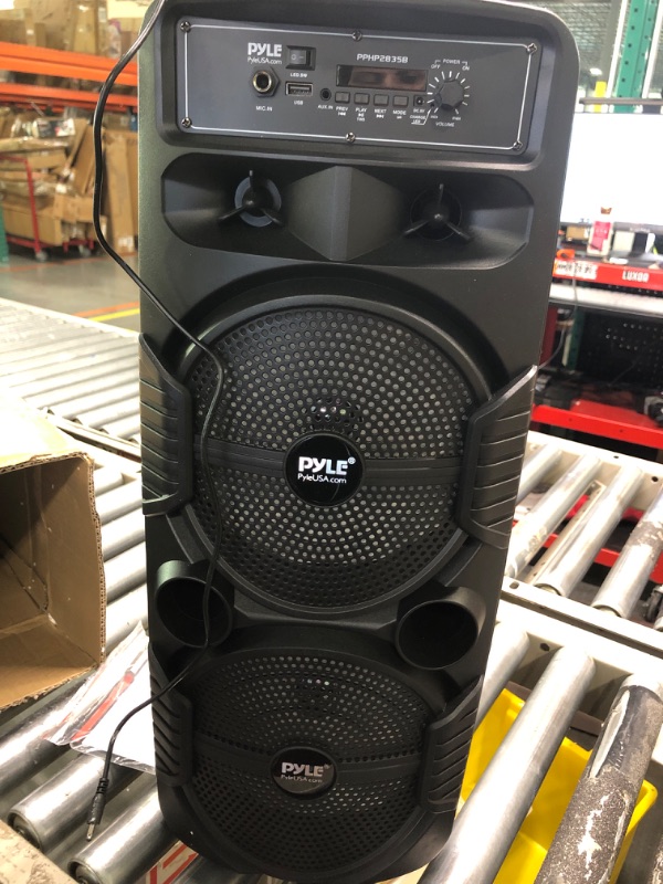 Photo 5 of Pyle Portable Bluetooth PA Speaker System - 600W Rechargeable Outdoor Bluetooth Speaker Portable PA System w/ Dual 8” Subwoofer 1” Tweeter, Microphone In, Party Lights, USB, Radio, Remote - PPHP2835B