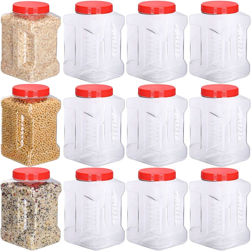 Photo 1 of `2 Pack 1 Gallon Plastic Grip Jar with Cap Clear Storage Containers Grip Jars Multi-use Empty Containers Household Dried Food Canisters BPA Free for Kitchen Fermentation Food Storage (Red Lid)