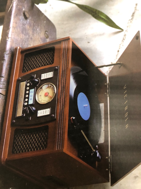 Photo 4 of Victrola Navigator 8-in-1 Classic Bluetooth Record Player with USB Encoding and 3-Speed Turntable Bundle with Victrola Wooden Stand for Wooden Music Centers with Record Holder Shelf, Mahogany