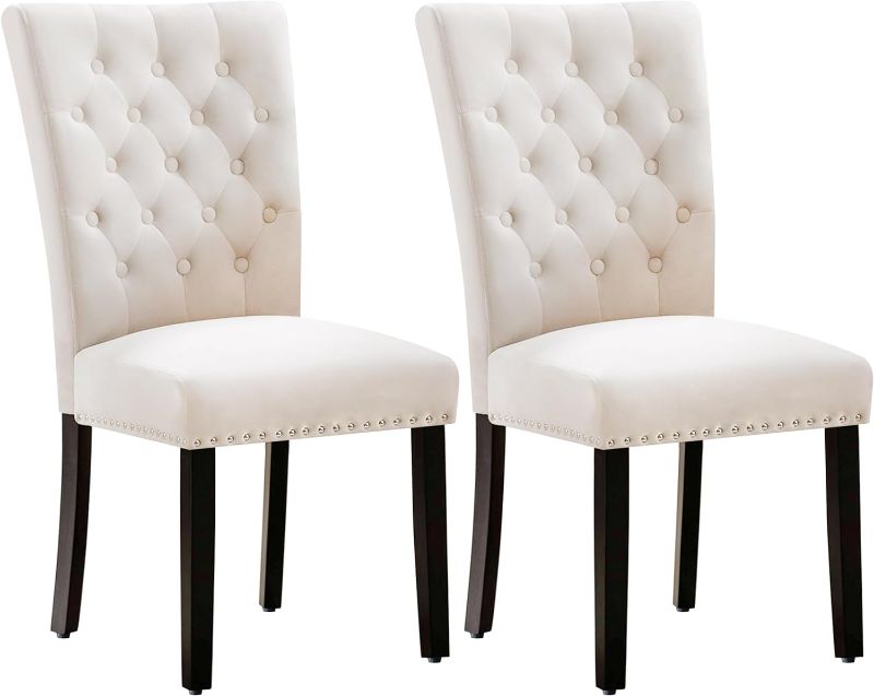 Photo 1 of adochr Velvet Parsons Upholstered Dining Chair, Armless Accent with Nailed Trim Set of 2 (Beige) White