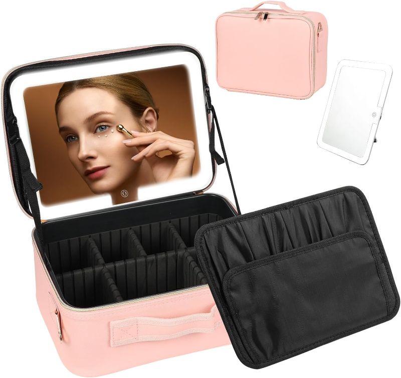 Photo 1 of Kalolary Travel Makeup Bag, Makeup Train Case with 3 Color Adjustable Brightness Lighted Mirror Cosmetic Case Organizer Portable Makeup Storage Box with Adjustable Dividers &Shoulder Strap for Women
