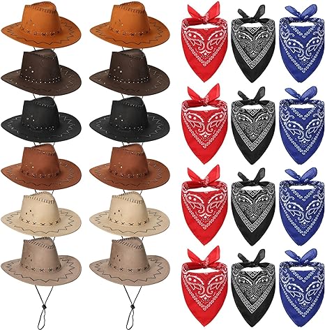 Photo 1 of 24 Pcs Western Cowboy Hats with Polyester Bandanas, Western Cowboy Suede Leather Hat and Square Bandanas Scarf for Kids Adult