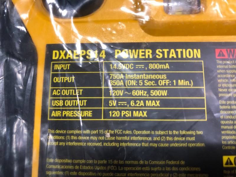 Photo 1 of DEWALT DXAEPS14 1600 Peak Battery Amp 12V Automotive Jump Starter/Power Station with 500 Watt AC Power Inverter, 120 PSI Digital Compressor, and USB Power , Yellow