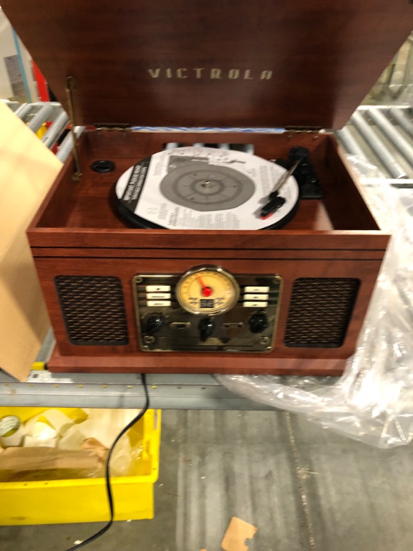 Photo 3 of Victrola Nostalgic 6-in-1 Bluetooth Record Player & Multimedia Center with Built-in Speakers - 3-Speed Turntable, CD & Cassette Player, FM Radio | Wireless Music Streaming | Mahogany Mahogany Entertainment Center