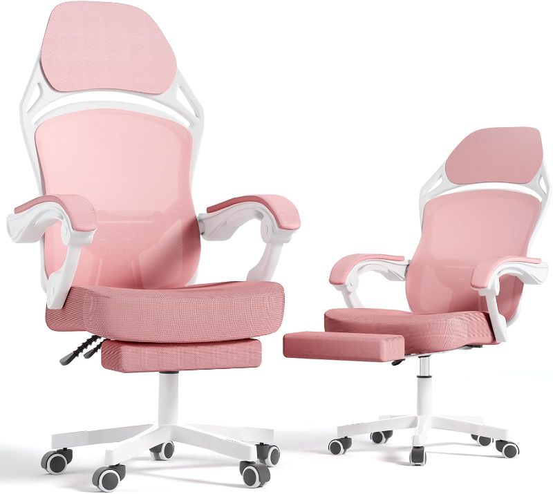 Photo 1 of kenvc Ergonomic Office Chair with Foot Rest, Home Office Desk Chairs with Lumbar Headrest and Retractable Footrest, Mesh Office Chair Adjusts 90°-145°, Pink
