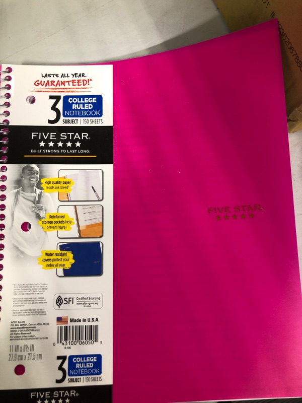 Photo 3 of Five Star Spiral Notebook, 3 Subject, College Ruled Paper, 150 Sheets, 11" x 8-1/2", Color Selected For You, 2 Count (06050)