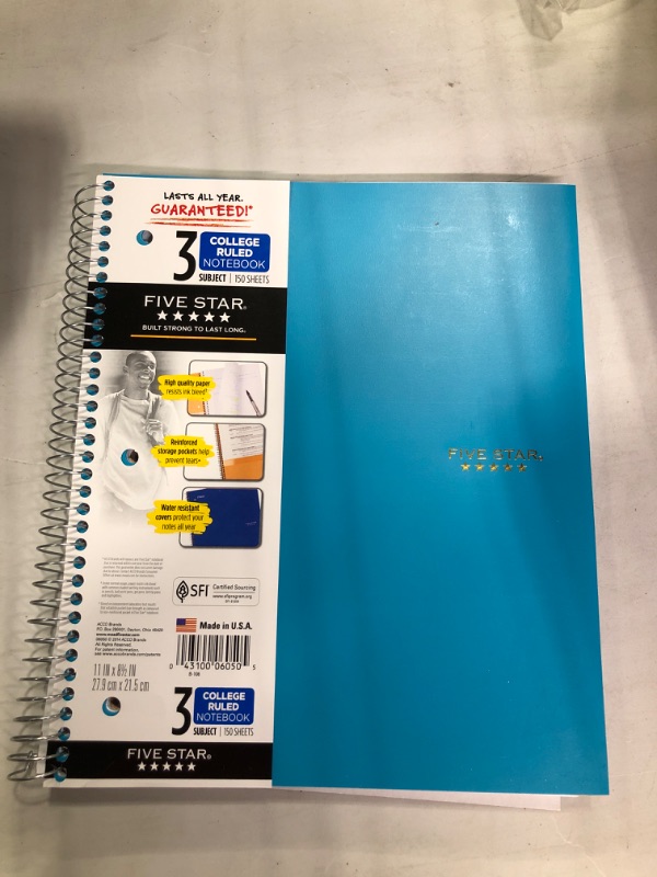 Photo 2 of Five Star Spiral Notebook, 3 Subject, College Ruled Paper, 150 Sheets, 11" x 8-1/2", Color Selected For You, 2 Count (06050)