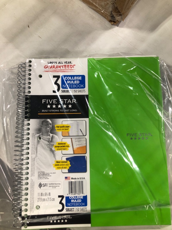 Photo 1 of Five Star Spiral Notebook, 3 Subject, College Ruled Paper, 150 Sheets, 11" x 8-1/2", Lime (73627) 12 Lime 2 pack 