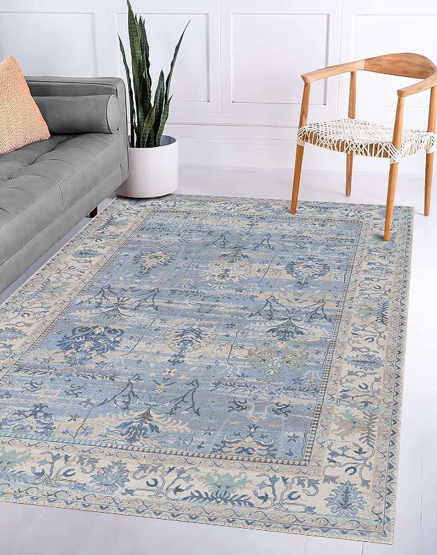 Photo 1 of Adiva Rugs Machine Washable Area Rug with Non Slip Backing for Living Room, Bedroom, Bathroom, Kitchen, Printed Persian Vintage Home Decor, Floor Decoration Carpet Mat (Blue, 6'6" x 9'6") 6'6" x 9'6" Blue 34