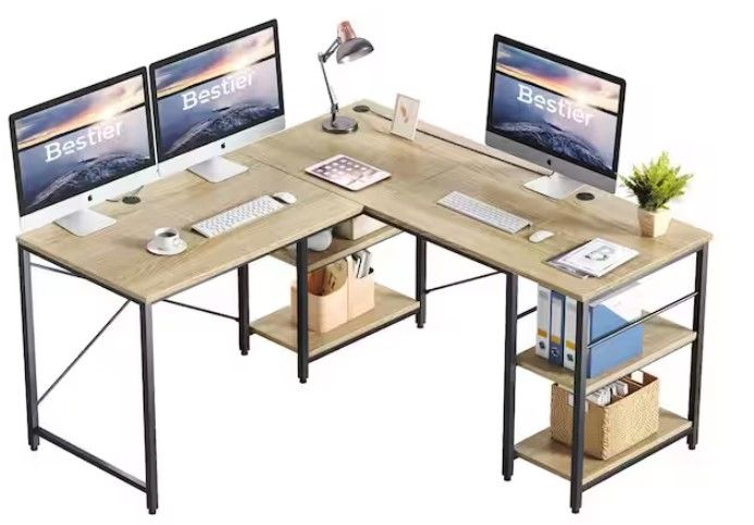 Photo 1 of 95 in. L-Shaped Light Oak Computer Desk with Storage Shelves