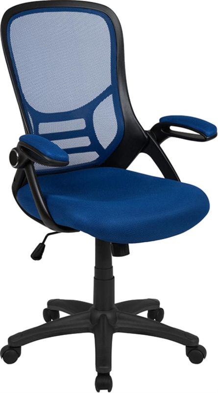 Photo 1 of Flash Furniture High Back Blue Mesh Ergonomic Swivel Office Chair with Black Frame and Flip-up Arms Blue Chair