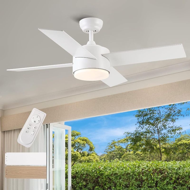 Photo 1 of SNJ 44 inch White Ceiling Fans with Lights and Remote Low Profile Modern Ceiling Fan Use for Bedroom Indoor Outdoor Home Tri-Color Temperature Quiet Reversible Ceiling Fan