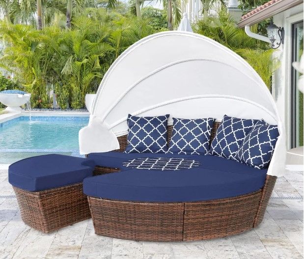 Photo 1 of Ledel Wicker Outdoor Daybed 5-piece Sectional Sofa Set With Retractable Canopy and Cushions
