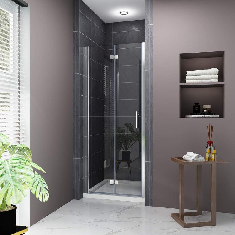 Photo 5 of ELEGANT 32" W x 72" H Bi-Fold Glass Shower Door, 1/4" Fold Clear Glass Shower Panel Pivot Swing Frameless Shower Doors, Chrome Finish
