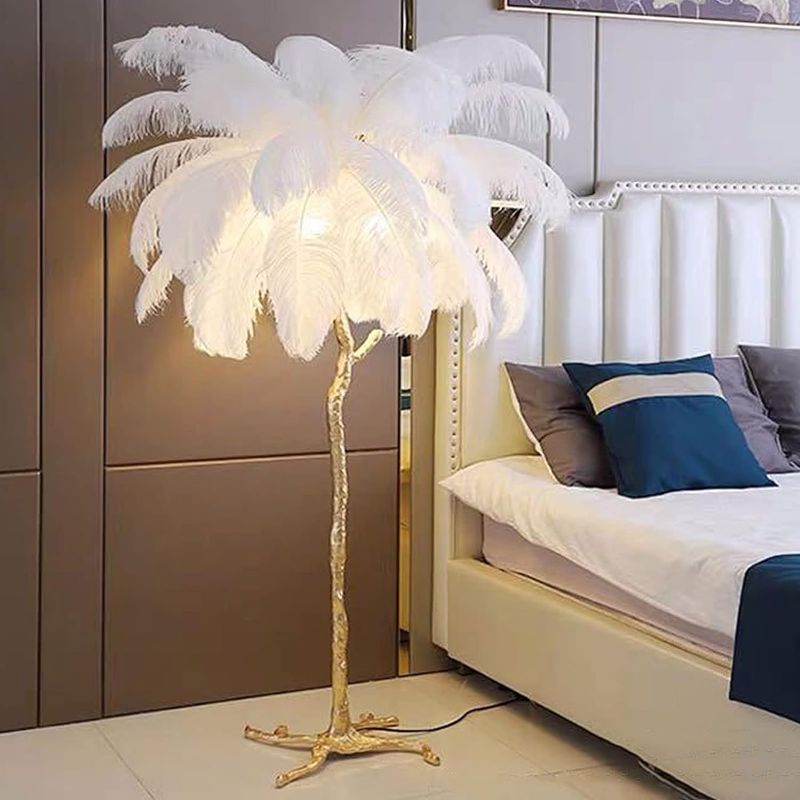 Photo 1 of ZNMDOK Feather Lampshade Floor Lamp,Elegant Natural Ostrich Feather Floor Lamps,Romantic Princess Bedroom Bedside Lamp,LED Dimmable Standing Light
