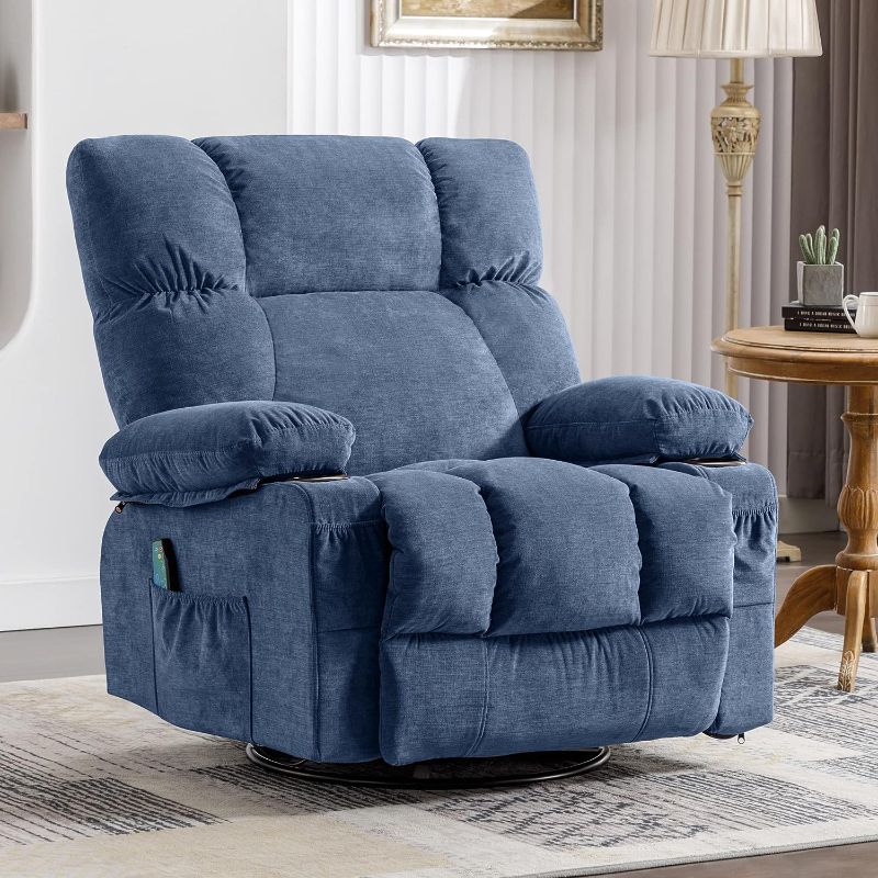 Photo 1 of ***IN MULTIPLE PIECES AND NO INSTRUCTIONS*** Recliner Chairs Fabric Recliner with Heat and Massage Rocking Recliner Chair with 2 Cup Holders, USB Charge Port, Side Pockets, Blue