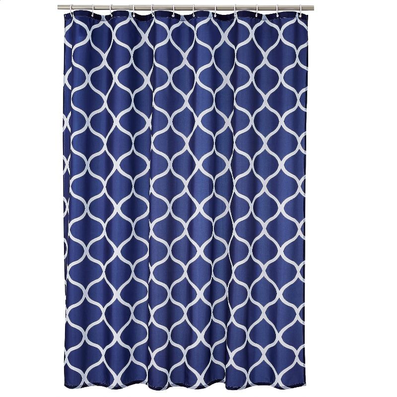 Photo 1 of Amazon Basics Fabric Shower Curtain with Grommets and Hooks - 72 x 72 Inch, Navy Blue Moroccan