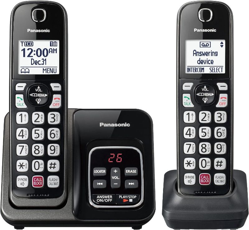 Photo 1 of Panasonic Cordless Phone with Answering Machine, Advanced Call Block, Bilingual Caller ID and Easy to Read High-Contrast Display, Expandable System with 2 Handsets - KX-TGD832M (Metallic Black)
Visit the Panasonic Store