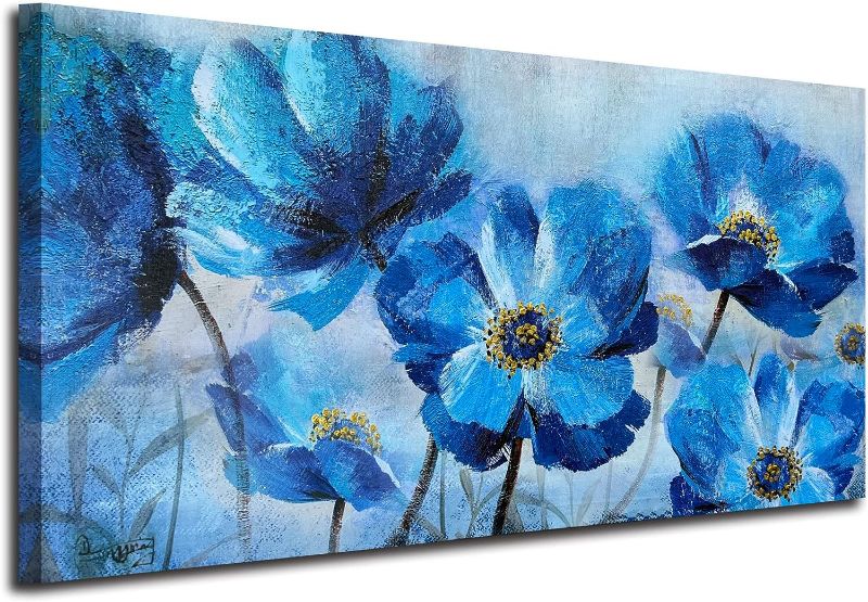 Photo 1 of Ardemy Blue Flower Canvas Wall Art Bloosm Painting Modern Poppy Floral Picture, Summer 40"x20" Large Size Wildflower Artwork Framed for Bathroom Living Room Bedroom Dinning Room Home Office Wall Decor