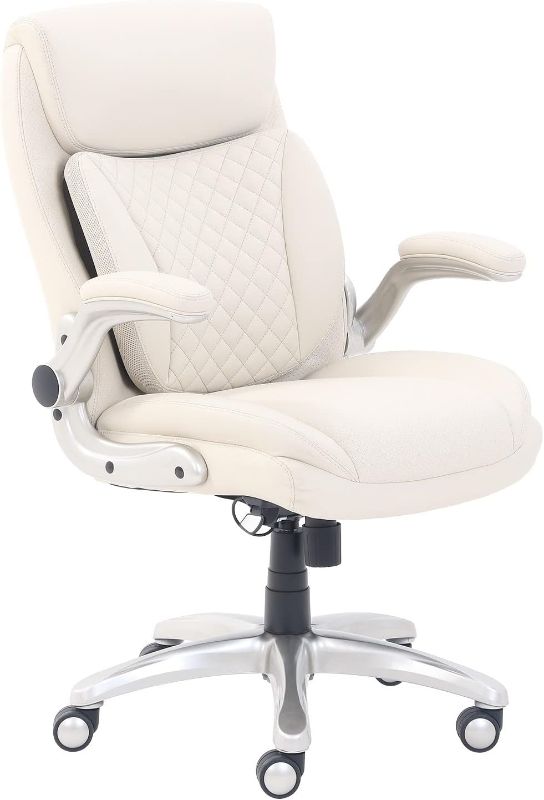 Photo 1 of AmazonCommercial Ergonomic Executive Office Desk Chair with Flip-up Armrests and Adjustable Height, Tilt and Lumbar Support, Cream Bonded Leather, 29.5"D x 28"W x 43"H