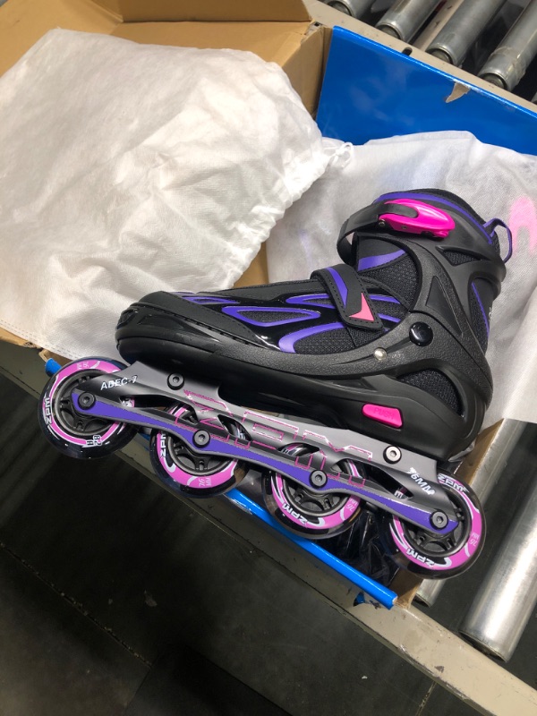 Photo 3 of 2PM SPORTS Vinal Girls Adjustable Flashing Inline Skates, All Wheels Light Up, Fun Illuminating Skates for Kids and Men- Azure Small (1Y-4Y US) Violet & Magenta Large - Youth (4-7 US)