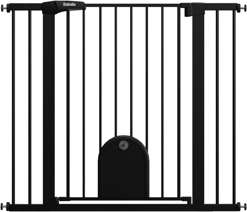 Photo 1 of Babelio 36" Tall Auto Close Baby Gate with Small Cat Door, 29-43" Metal Cat Gate for Doorway, Stairs, House. Easy Walk Thru Dog Gate with pet Door, Includes 4 Wall Cups and 3 Extension Pieces, Black