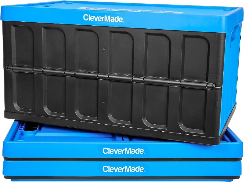 Photo 1 of 
CleverMade 46L Collapsible Storage Bins with Lids - Folding Plastic Stackable Utility Crates, Solid Wall 3 Pack, Neptune Blue