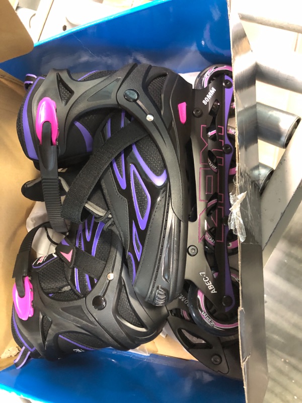 Photo 3 of 2PM SPORTS Vinal Girls Adjustable Flashing Inline Skates, All Wheels Light Up, Fun Illuminating Skates for Kids and Men- Azure Small (1Y-4Y US) Violet & Magenta X-Large - Adult (8W-12W/7M-11M)