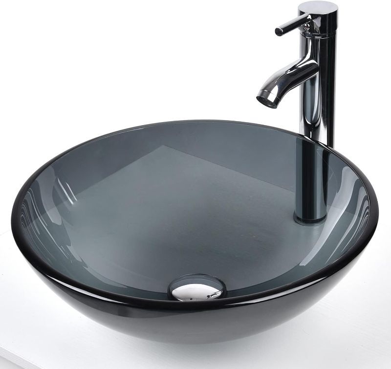 Photo 1 of Bathroom Vessel Sink, Round Glass Vessel Sink Basin with Faucet Pop-Up Drain, Grey