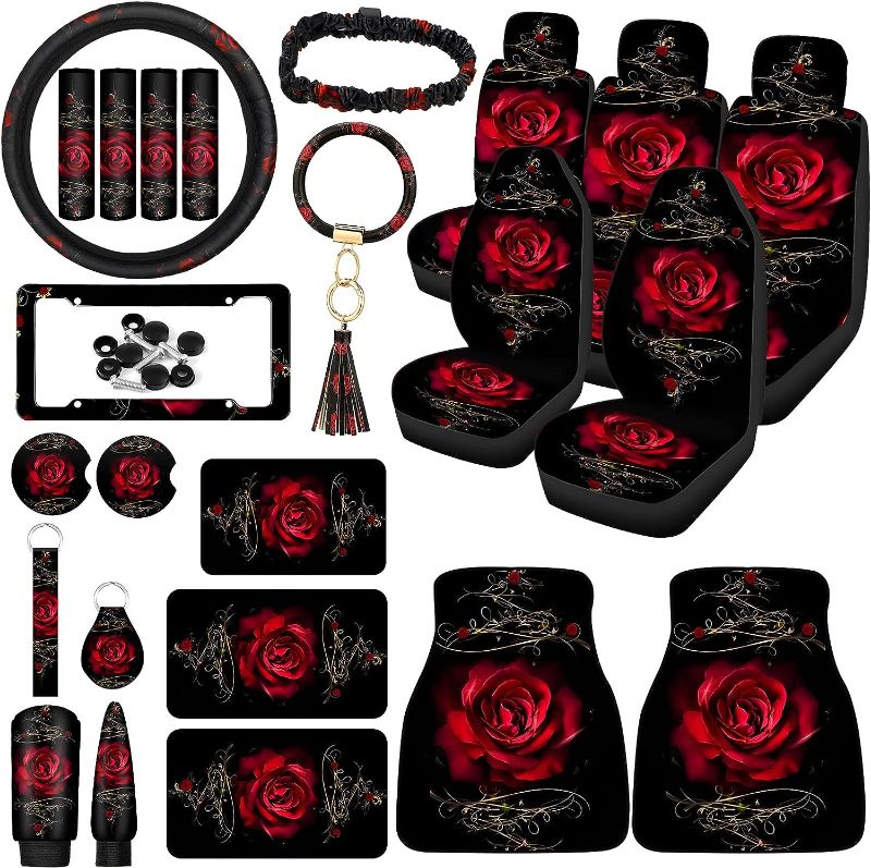Photo 1 of 
Moukeren 26 Pcs Red Rose Car Seat Covers Full Set Rubber Steering Wheel Cover License Plate Frame Armrest Cover Seatbelt Covers Mirror Covers Rose Flower