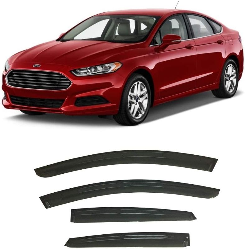 Photo 1 of 2013-2020 Tape-On Side Window Visor Deflectors for Ford Fusion S SE SEL Titanium Hybrid Smoke Tinted Rain Guards 2014 2015 2016 2017 2018 2019