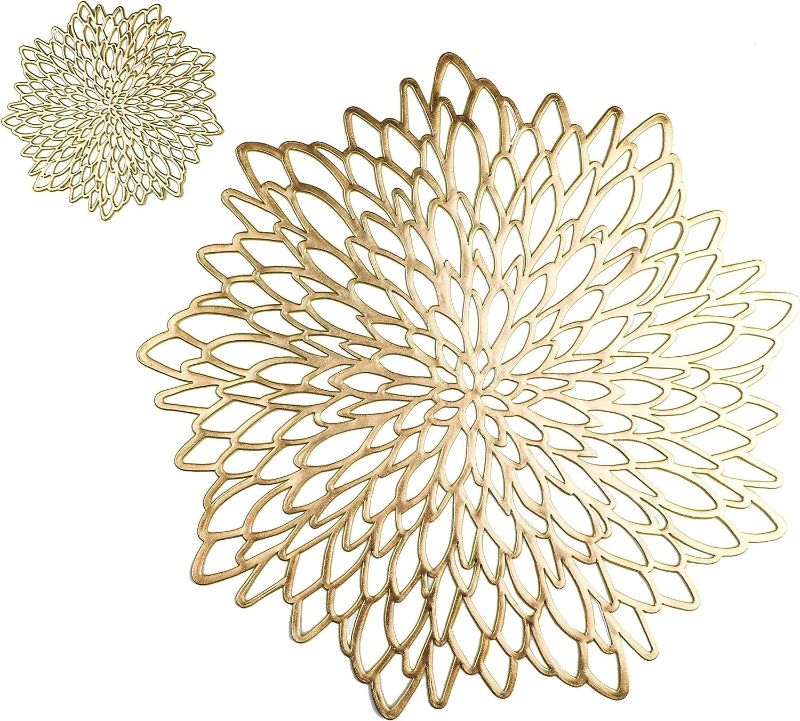 Photo 1 of 12 Pairs Gold Placemats and Matching Coasters Gold Metallic Round Placemats Laminated Vinyl Leaf Dining Table Decorative for Christmas Thanksgiving Festival Wedding Party by Snowkingdom