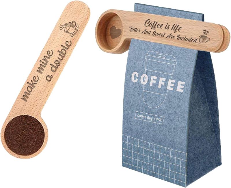 Photo 1 of 2 Pieces Wooden Coffee Scoop and Bag Clip- Coffee is Life/ Double - 1 Tablespoon Solid Beech Wood Measuring Scoop- Suitable for Coffee Beans and Loose Tea, Coffee Lovers Gifts. Friend Gift.