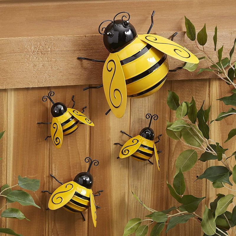 Photo 1 of Yungeln Metal Wall Art, 4PCS Metal Bumble Bee Wall Decor, 3D Iron Bee Art Sculpture Hanging Wall Decorations for Outdoor Home Garden

