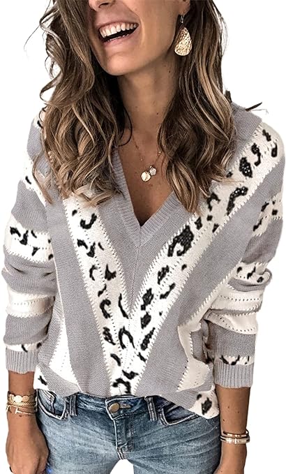 Photo 1 of Elapsy Womens Color Block Striped V Neck Sweater Long Sleeve Pullover Knitted Sweater M

