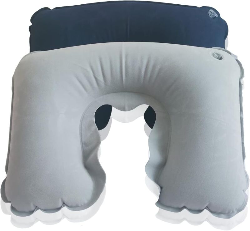 Photo 1 of 2 Pack U-Shaped Inflatable Travel Neck Pillow Flocked Fabric Air Pillow,Compact for Airplanes Travel Light Inflatable Neck Pillow Support Head Neck/Lumbar for Traveling,Home (Navy-Blue/Grey)
