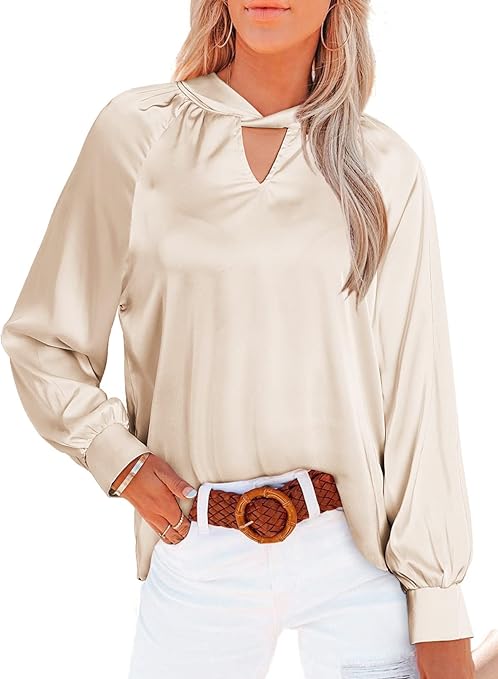 Photo 1 of BLENCOT Casual Blouses for Women Flowy V Neck Satin Top Puff Long Sleeve Elegant Dressy Work Shirts L
