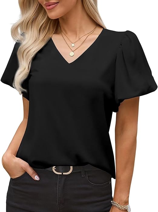 Photo 1 of BLENCOT Women Summer Puff Short Sleeve Blouse Top V Neck Casual Shirts Loose Fit Tops XXL
