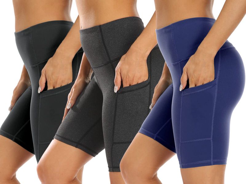 Photo 1 of 3 Pack High Waist Out Pocket Yoga Short 8"/5" Tummy Control Workout Shorts Running Athletic Non See-Through Active Shorts X-Large 8"-3 Pack Black/Dark Grey/Navy Blue